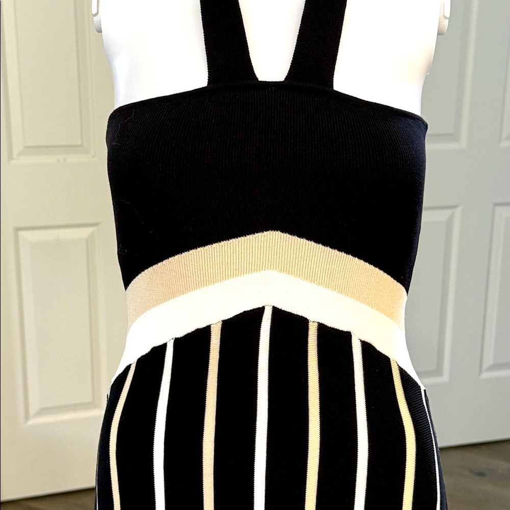 Ramy Brook Campbell Panel Fringe Black, White, Beige Stripe Knit Halter Dress XS - Picture 5 of 14